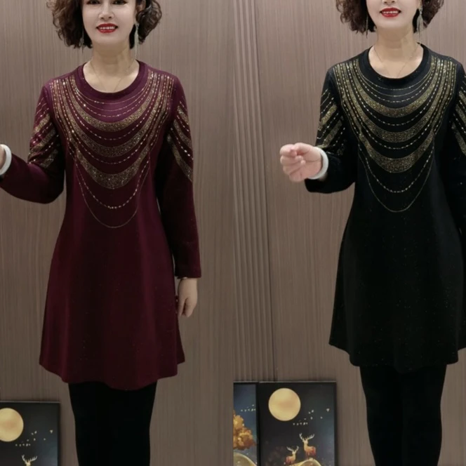 新款妈妈装时尚休闲水纹钻花洋气优雅妈妈装打底裙圆领显瘦百搭