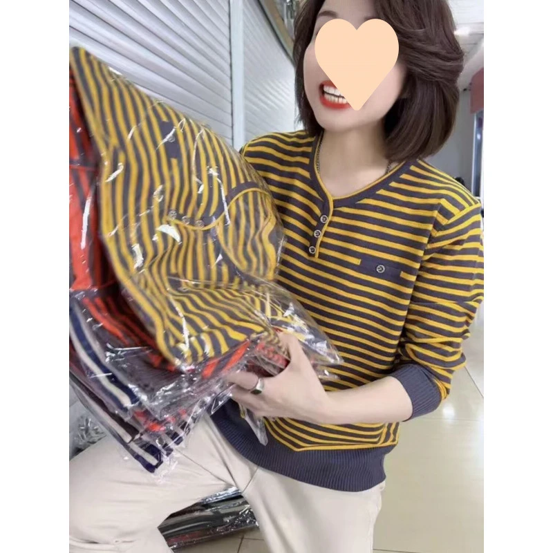 妈妈秋装领针织衫女士打底衫薄款长袖洋气时尚拼色气质恤外穿上衣