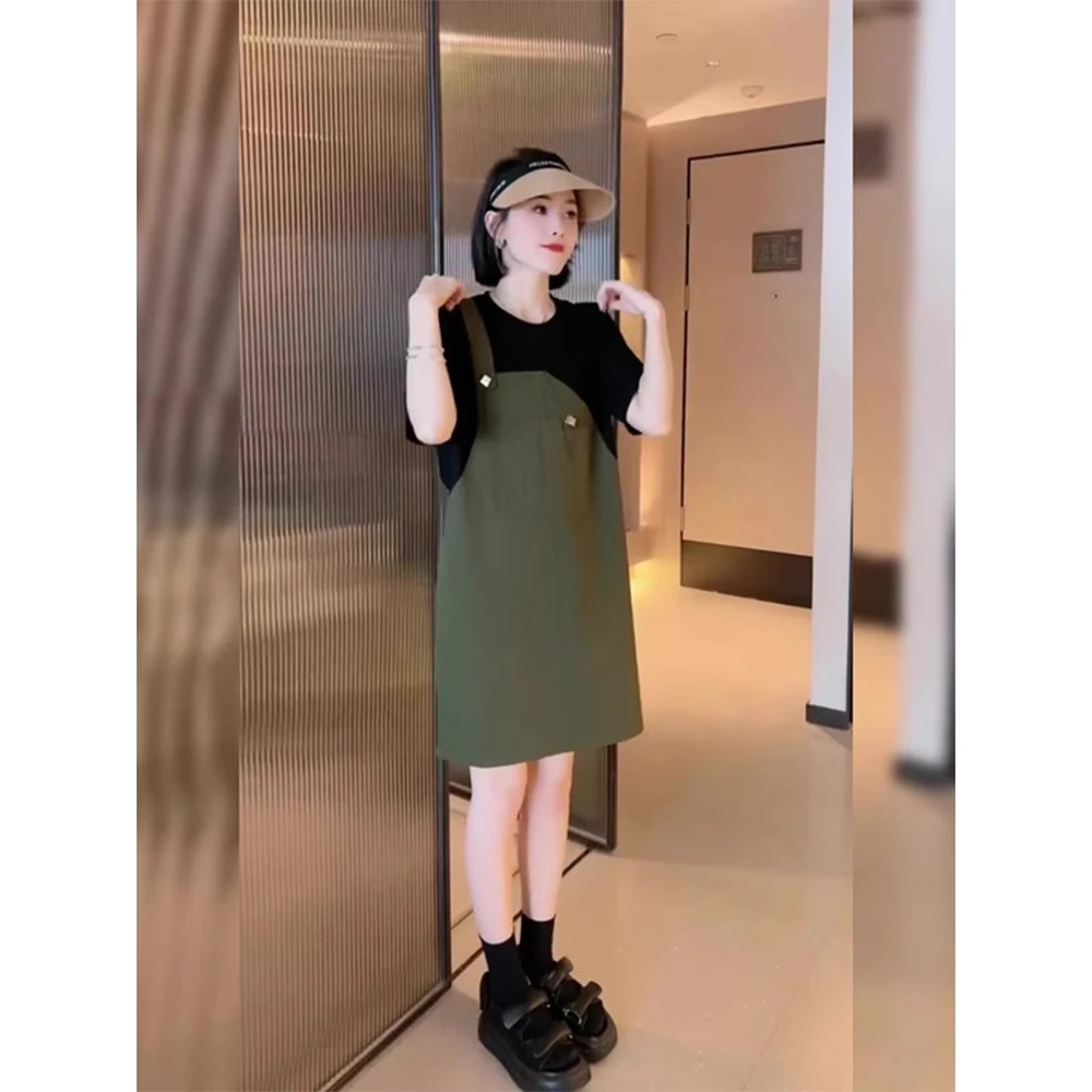 大码假两件背带裙2025夏季新款胖mm撞色拼接连衣裙女显瘦直筒裙子