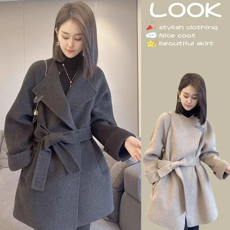 2025春秋欧美系带收腰翻领设计外套潮韩系宽松百搭中长款毛呢大衣