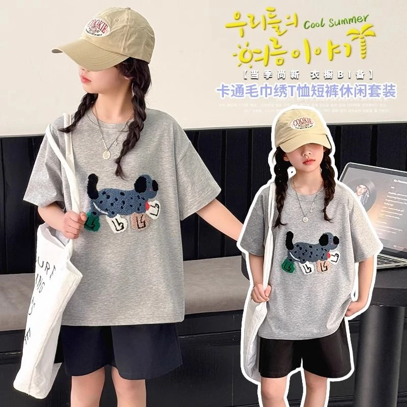 女童中大童休闲套装潮流时尚春夏薄款刺绣卡通小狗灰色儿童两件套