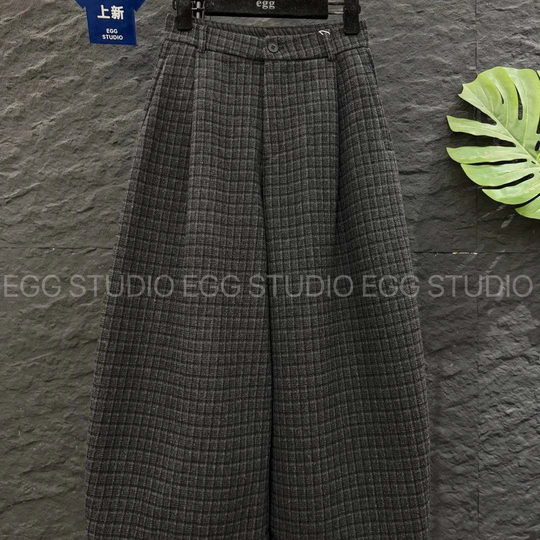 芳芳家加绒显瘦格子羊毛呢小个子阔腿九分裤