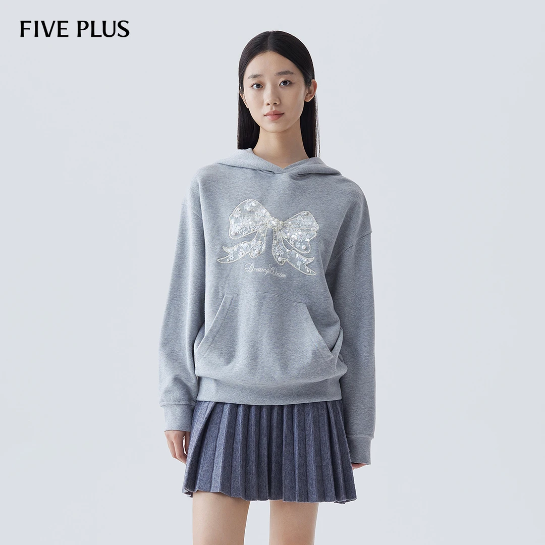 FIVE PLUS冬装连帽卫衣女宽松落肩袖套头衫蝴蝶结miu系2LN4022500
