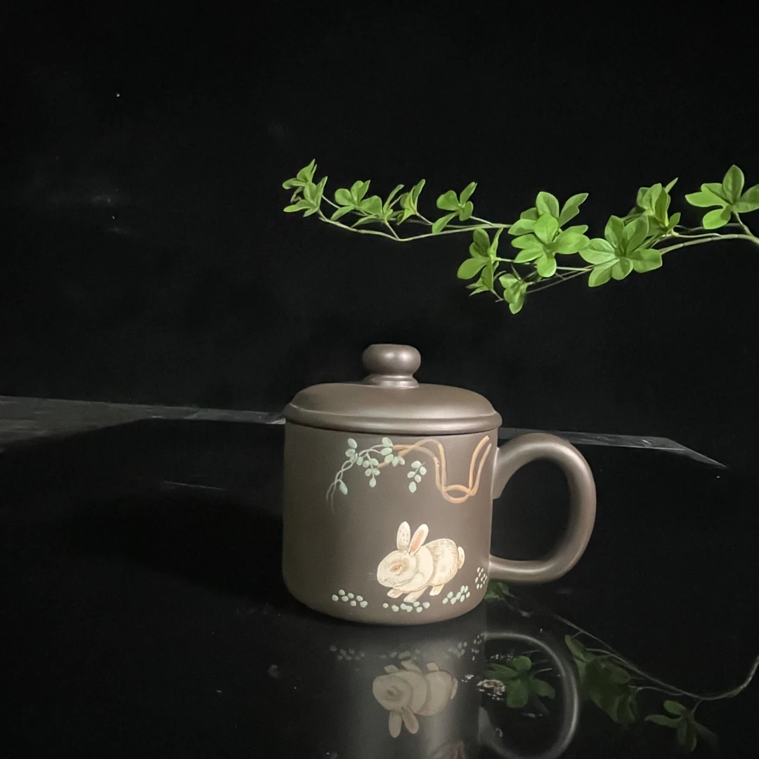 宜兴紫砂高端石黄盖杯手工泥绘高档泡茶杯办公礼品杯250C C