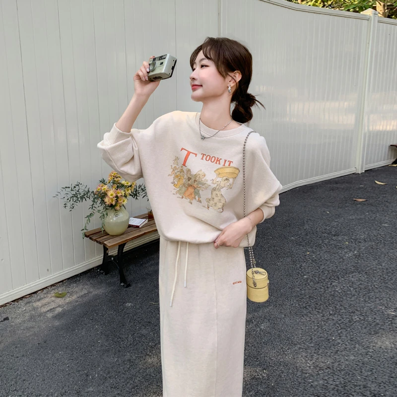 慵懒卫衣套装裙女2025春秋新款休闲韩系穿搭氛围感卡通印花两件套