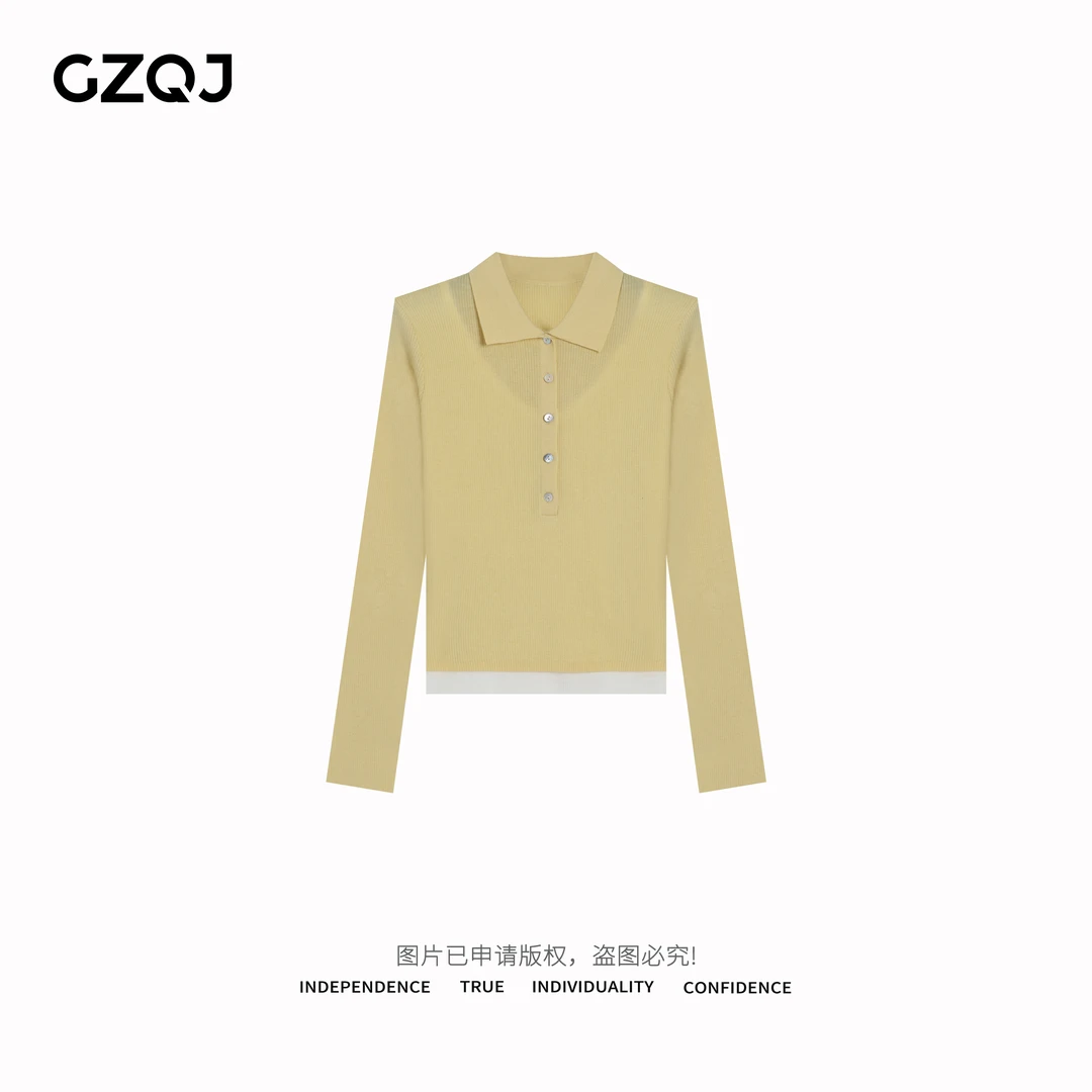 GZQJ【微风呢喃】时尚百搭翻领拼接假两件针织衫女春上衣7911