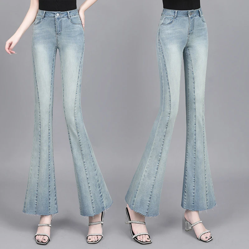 浅蓝色牛仔微喇叭裤九分小个子秋季新款高腰毛边时尚百搭休闲裤