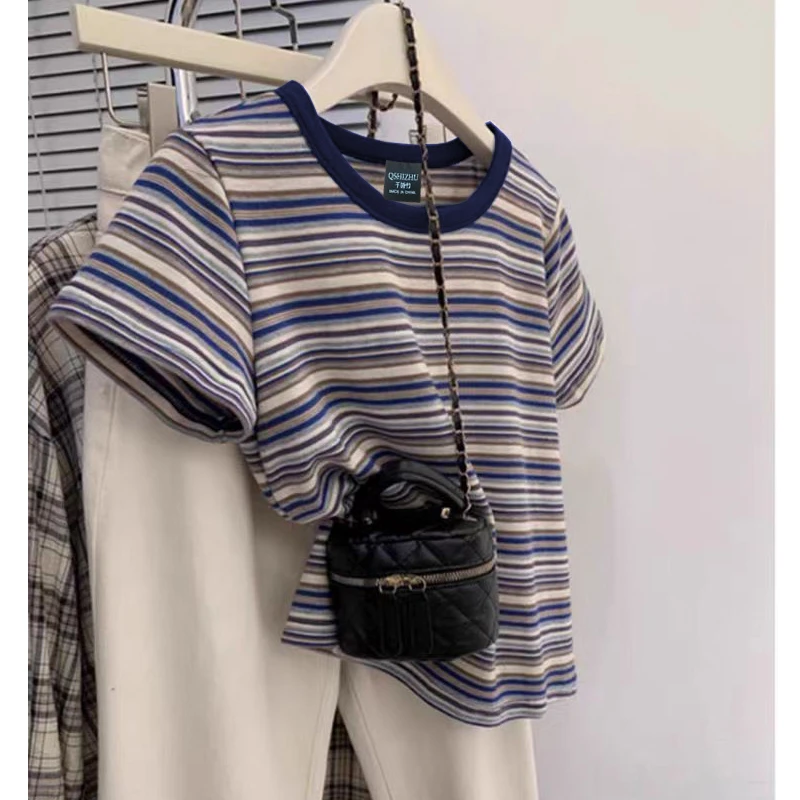 9120#韩系复古撞色条纹正肩短袖t恤女夏季小个子短款半袖体恤上衣