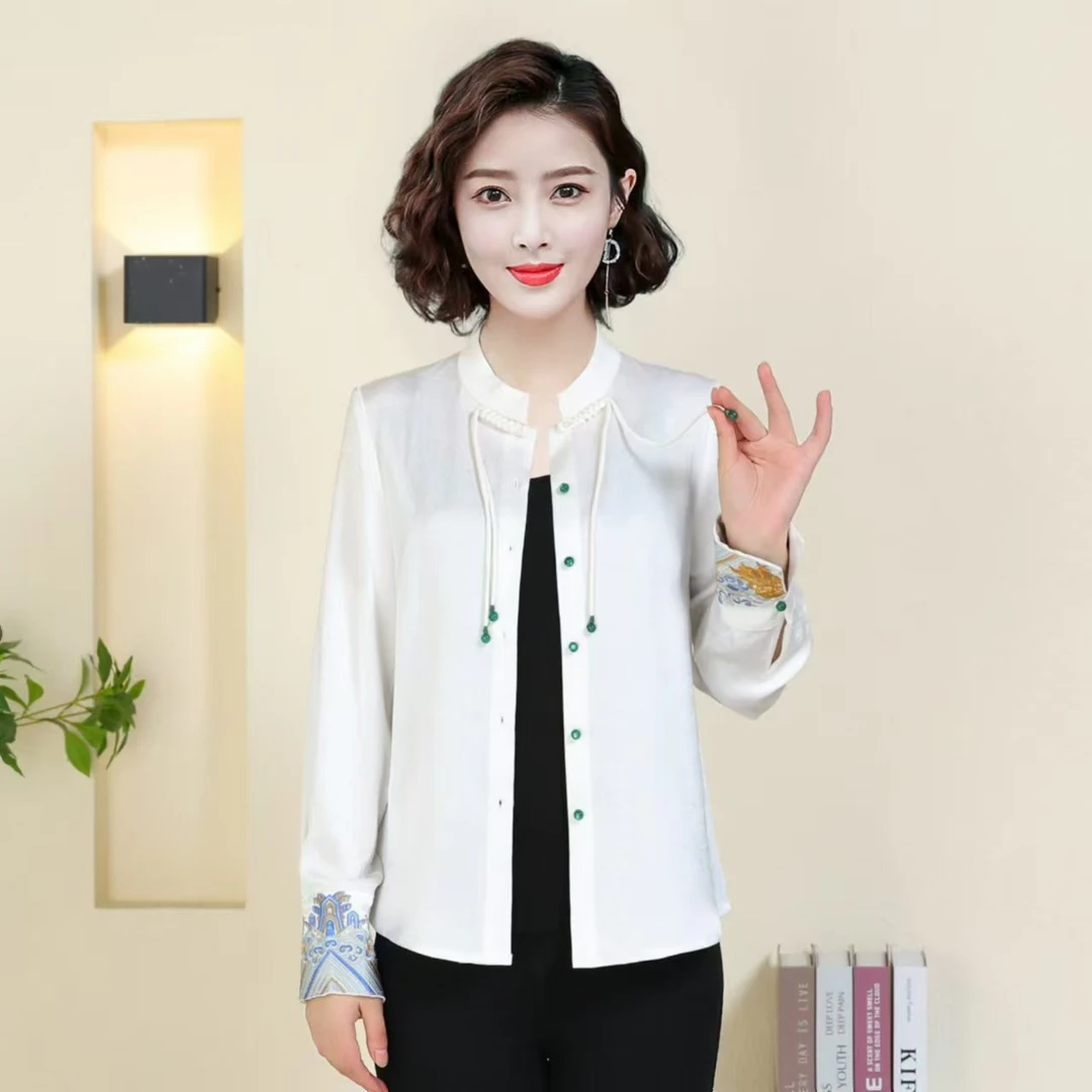 春秋款显瘦洋气时尚衬衣百搭纯色盘扣衬衫新中式刺绣上衣0167