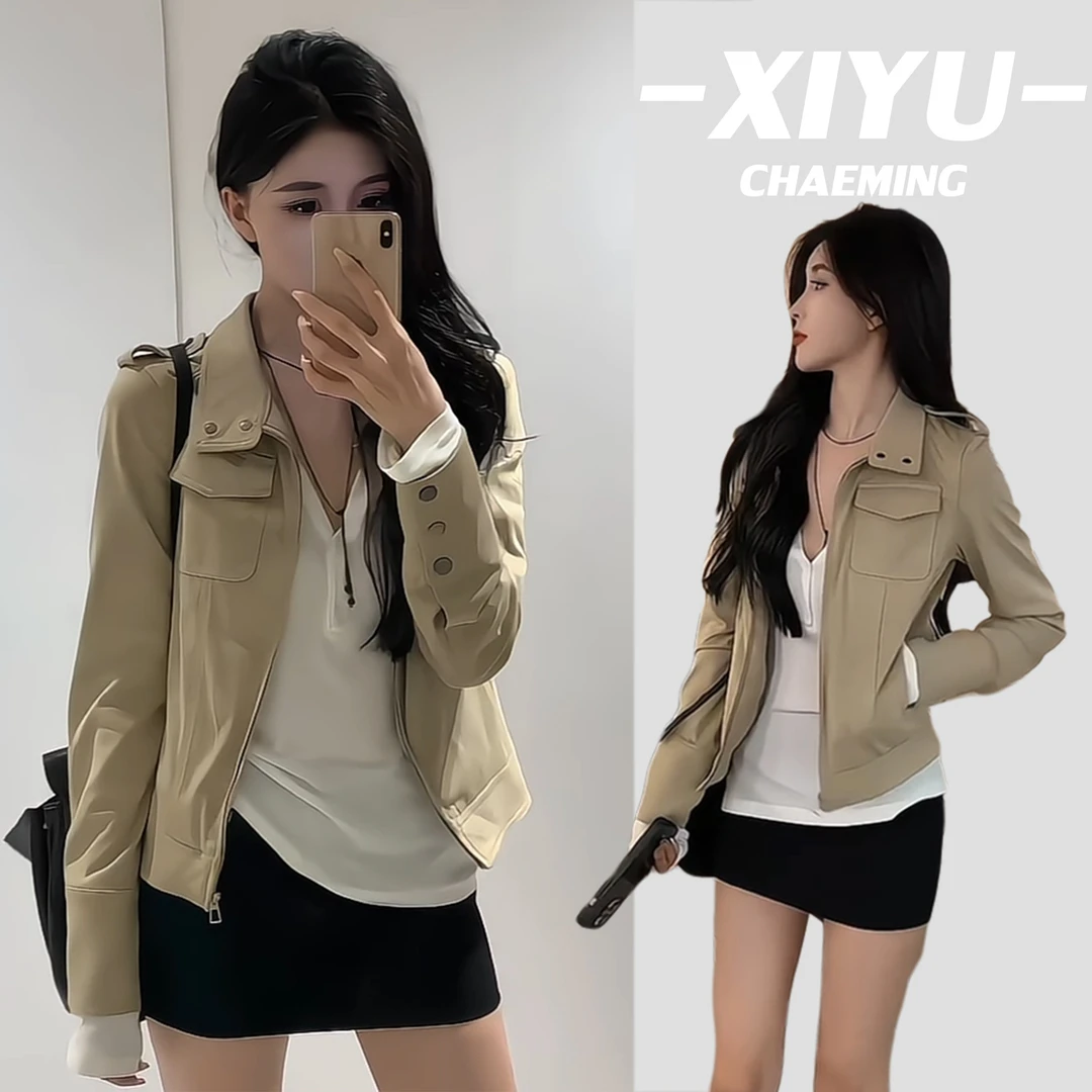 爆款美式复古短款夹克外套女春秋韩版休闲百搭长袖上衣翻领气质