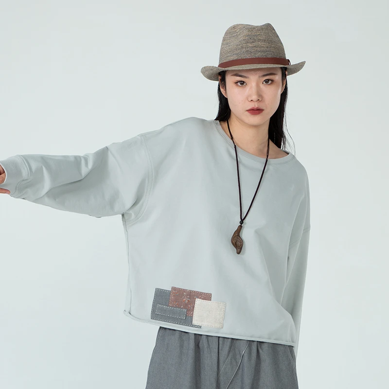 子渊女装50321131纯色圆领通勤长袖贴布休闲宽松时尚卫衣女士