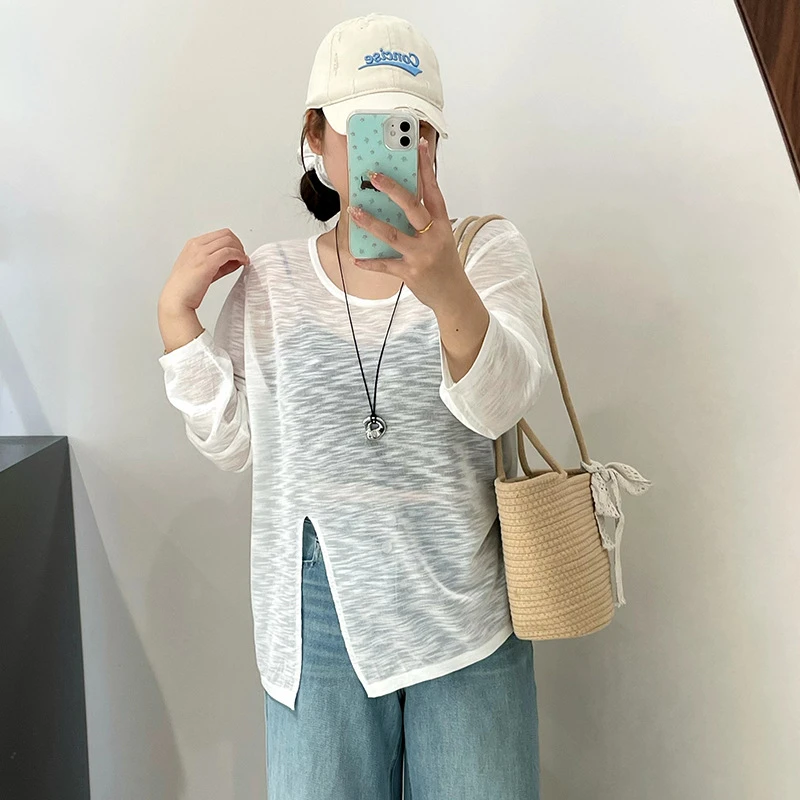 【轻薄罩衫】大码女装外搭长袖女薄款防晒上衣2025夏胖mm百搭针织衫