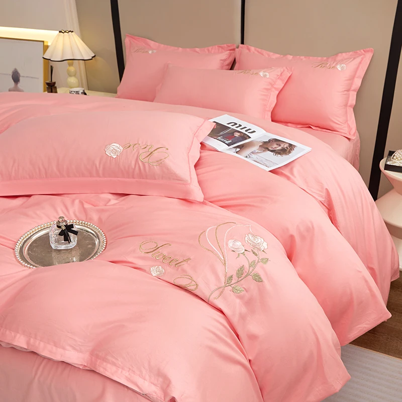 100%全棉四件套斜纹纯色柔软简约刺绣纯棉加厚被套床笠单床上用品