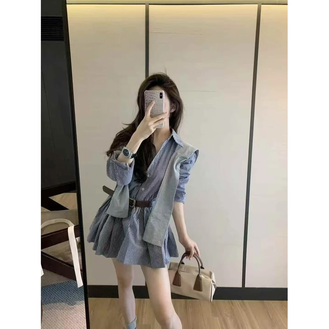 早秋新款法式气质Polo领格子衬衫收腰连衣裙披肩套装