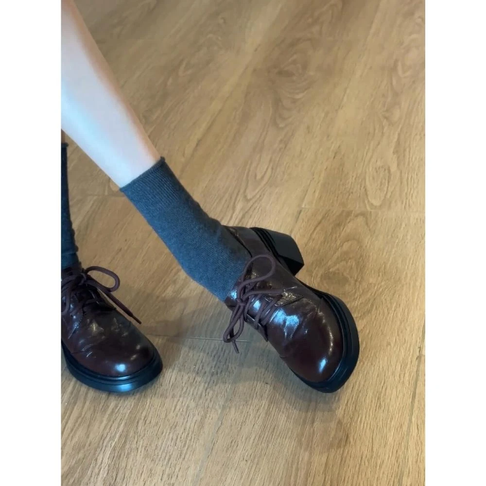 英伦风复古厚底乐福鞋女百搭圆头系带通勤小皮鞋学院风粗跟日系ol