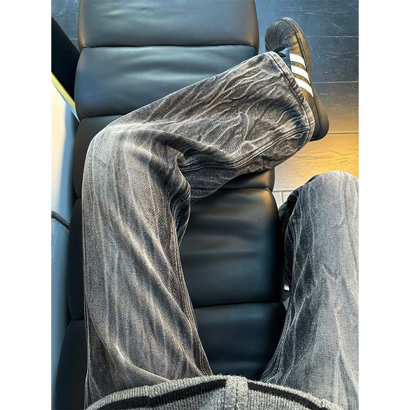 黑色水洗闪电纹牛仔裤男秋冬加绒美式vibe风显瘦裤子直筒微喇裤