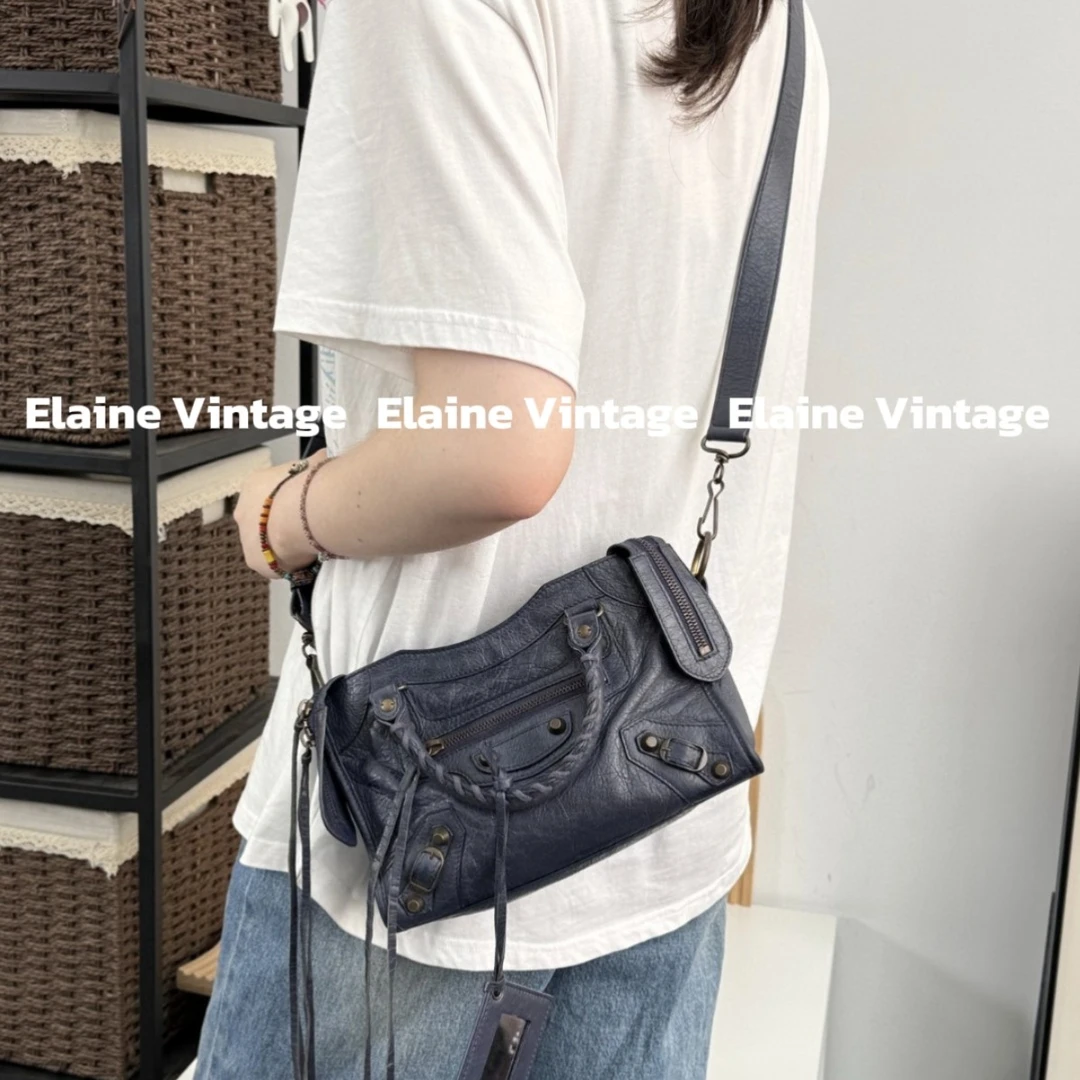 95新 Balenciaga/巴黎世家 蓝色迷你机车单肩斜挎包（22cm）Y595