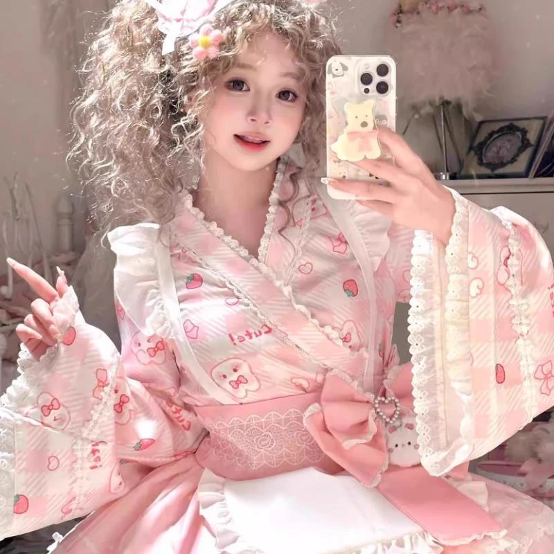 原创款 「春日兔」粉色和风Lolita裙套装洛丽塔女仆日系洋装和服