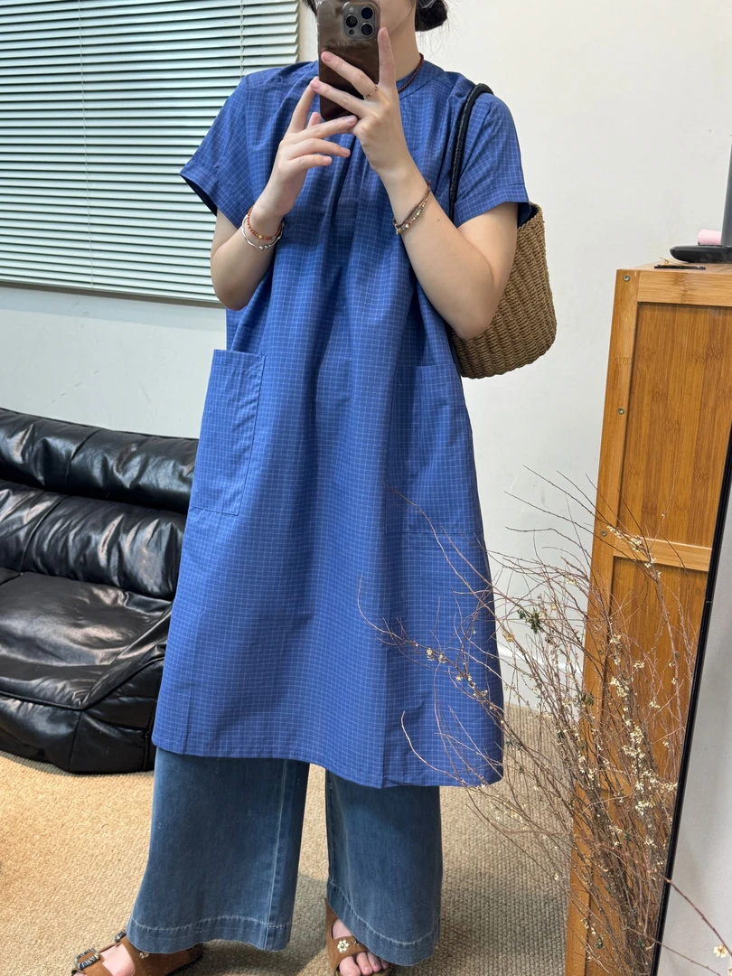 圆领连衣裙女夏季新款高级感2025日系简约慵懒风宽松短袖中长裙女