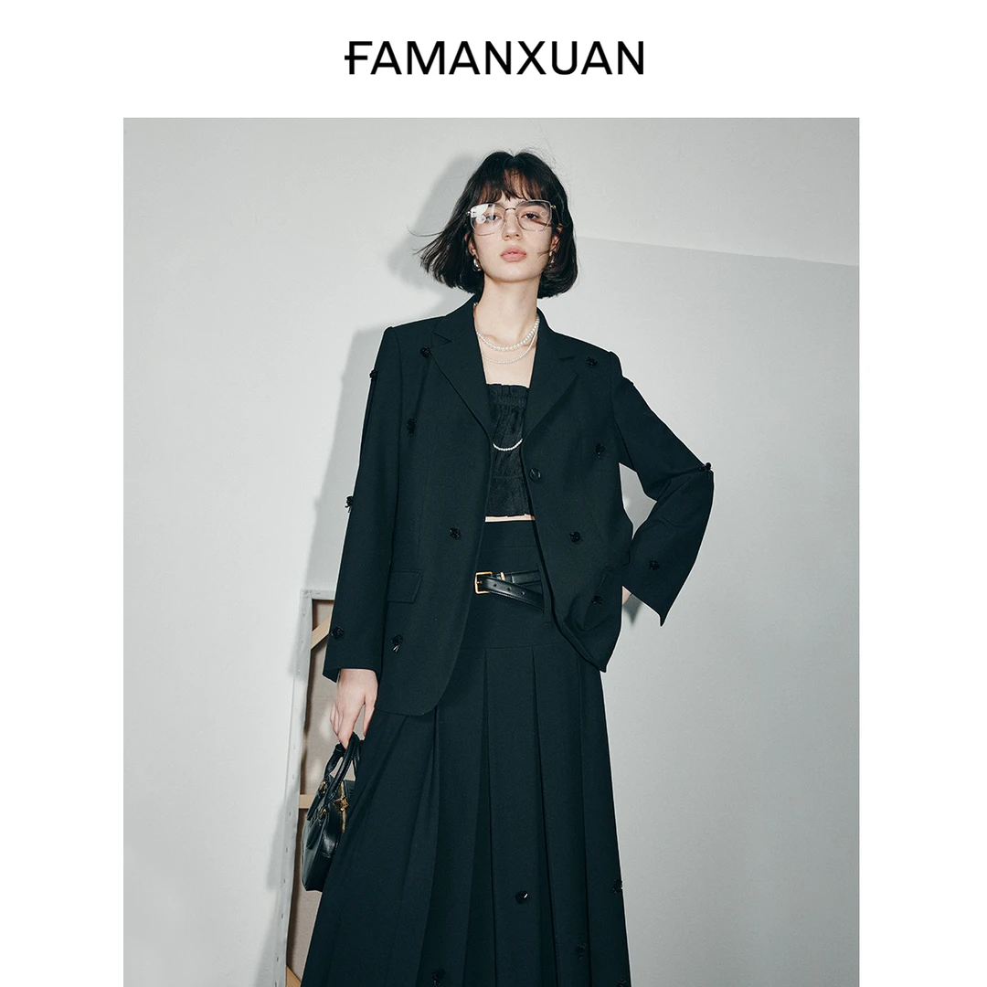 【CC王专属】法曼萱重磅手工钉珠花朵廓形黑色西装外套FXZ0255