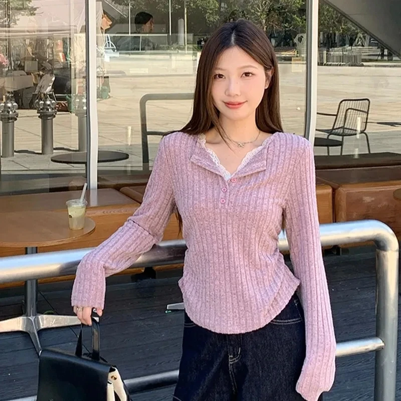 胖mm大码女装设计感坑条拼接蕾丝边别致针织上衣8156