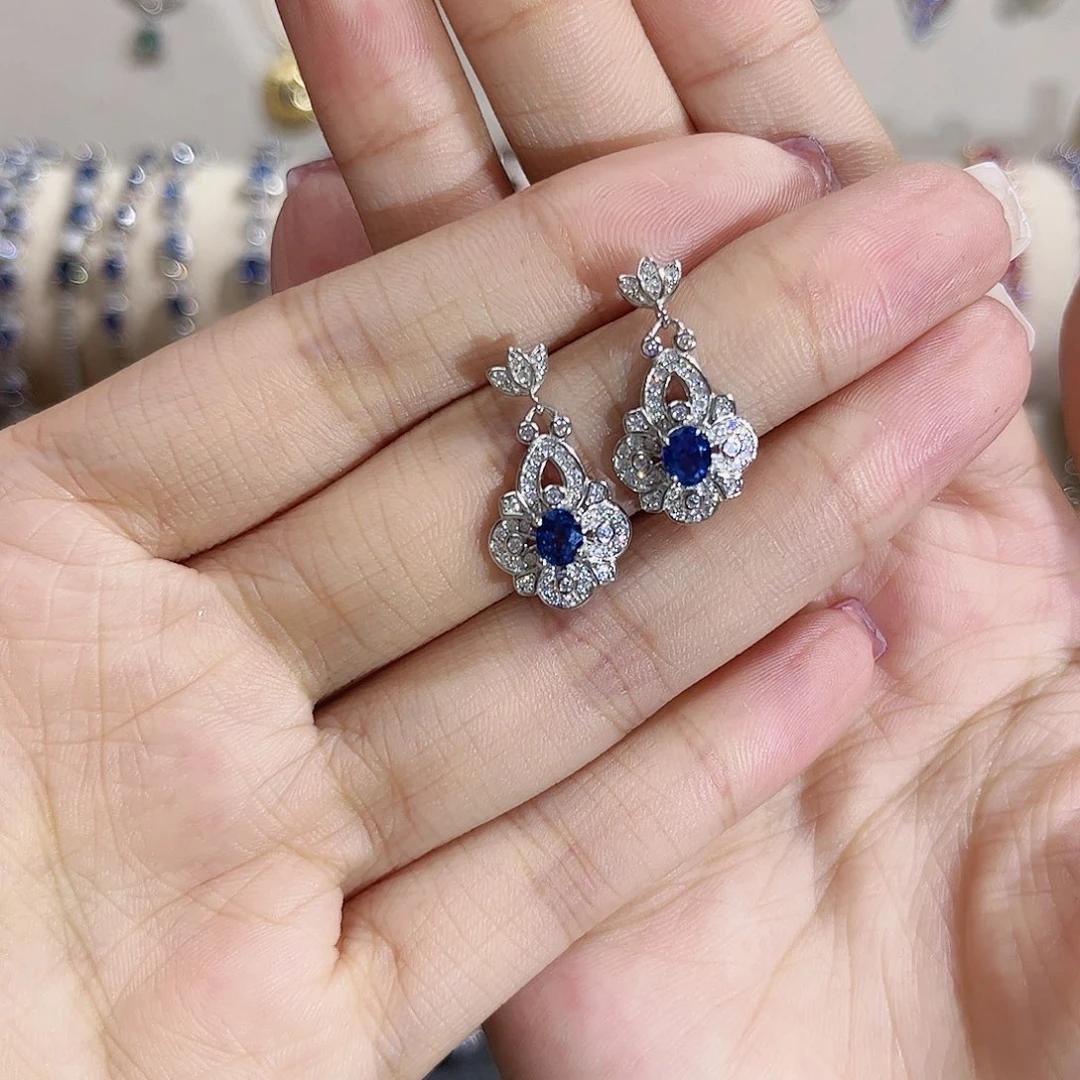蓝宝石耳饰银S925镶嵌梦**使