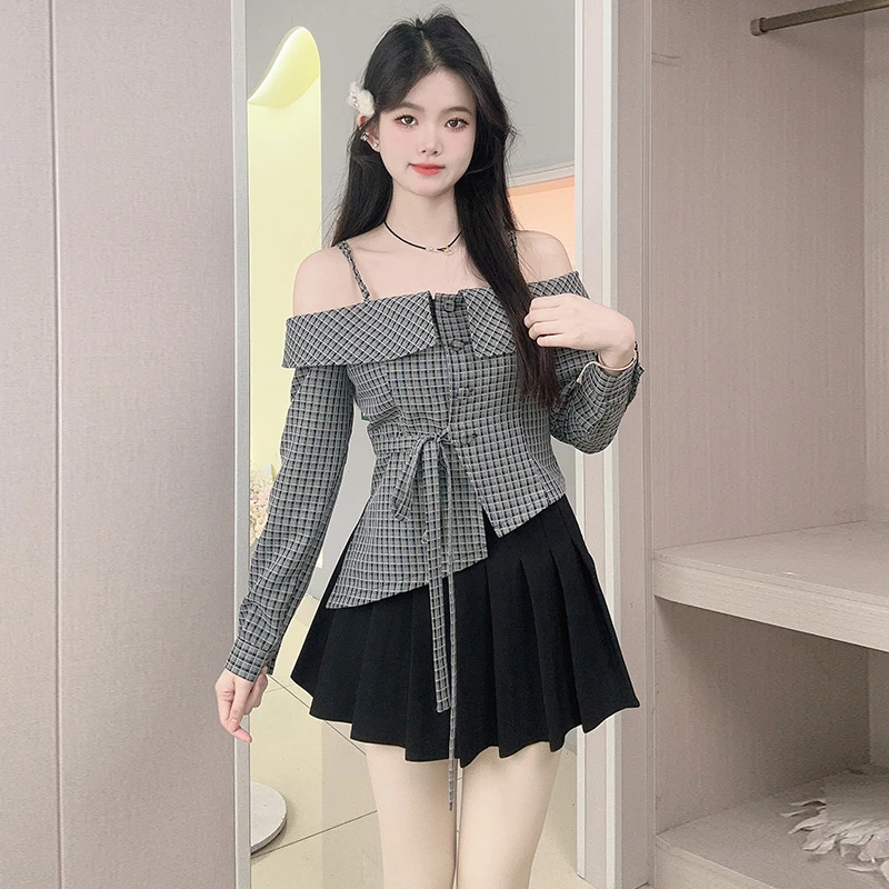 早春穿搭韩系一字领单排扣绑带格子吊带长袖上衣女气质减龄高级感