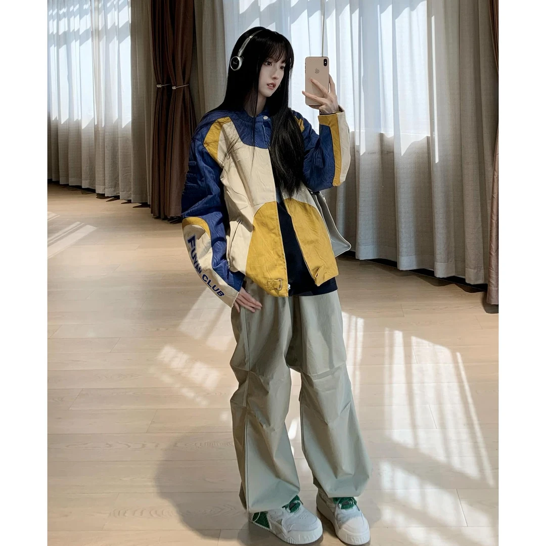 机能拼接撞色皮衣外套女2025春季新款美式vintage情侣机车夹克男