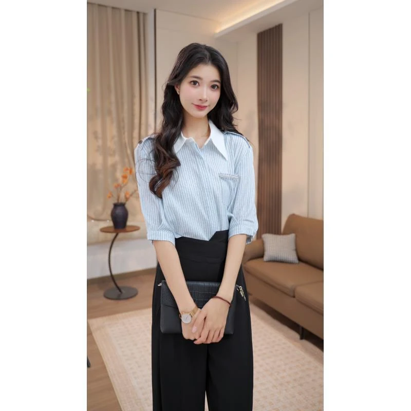 【粤粤】条纹中袖衬衫女2025夏季新款设计感简约百搭通勤小衬