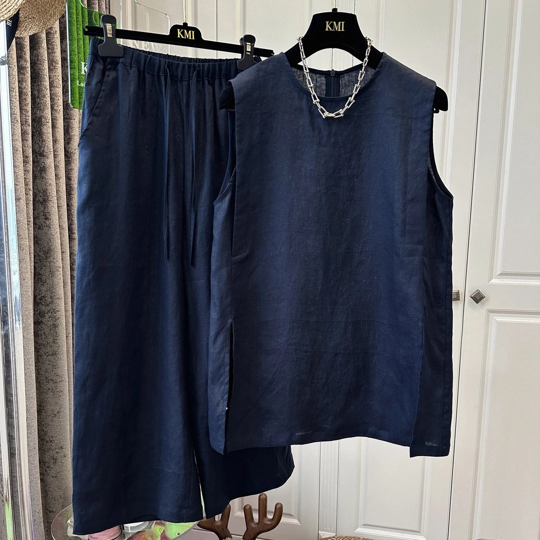 300斤大码藏青色亚麻无袖背心阔腿裤时尚套装男装两件套宽松气质