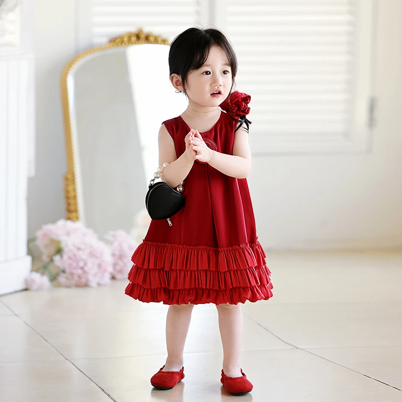 女童连衣裙2025夏季新款高端儿童生日公主裙红色背心裙女宝宝穿搭