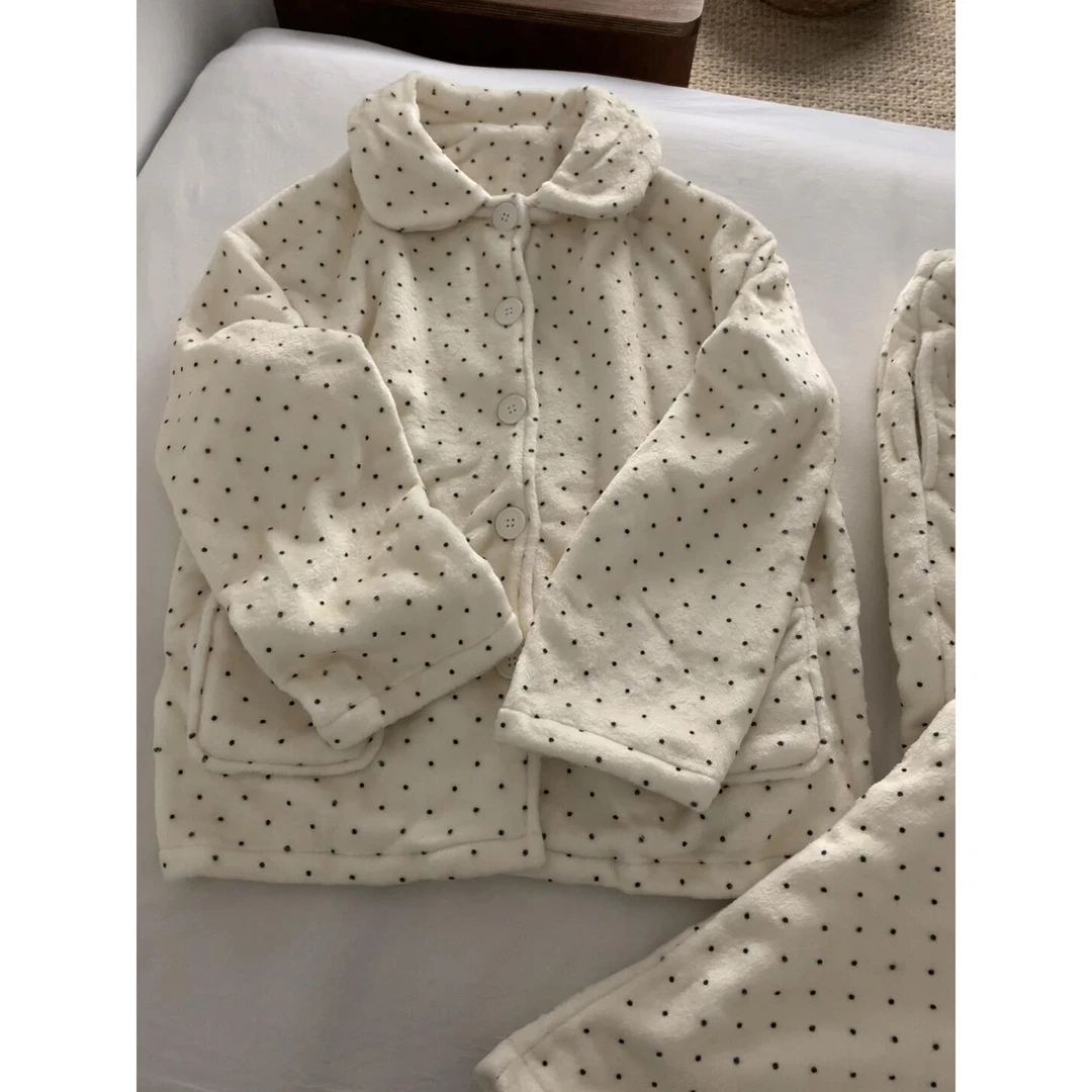 韩系波点珊瑚绒睡衣秋冬款新款软糯亲肤毛绒绒休闲大码家居服套装