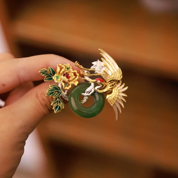 松鹤·银镶和田玉仙鹤胸针MTS