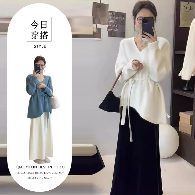 T247065+T247066早秋新款韩版温柔系宽松针织毛衣半身裙两件套女