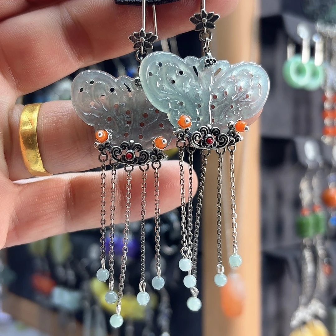 翡翠耳饰银S925镶嵌枕**雨