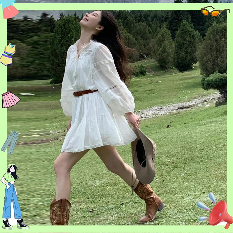 法式蕾丝复古重工流苏蕾丝花边连衣裙女小个子白色公主裙子度假裙