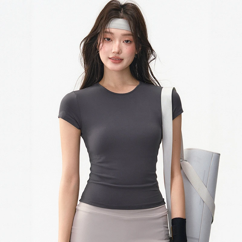 LINE夏季显瘦速干透气瑜伽T恤女户外跑步训练健身服短袖运动上衣