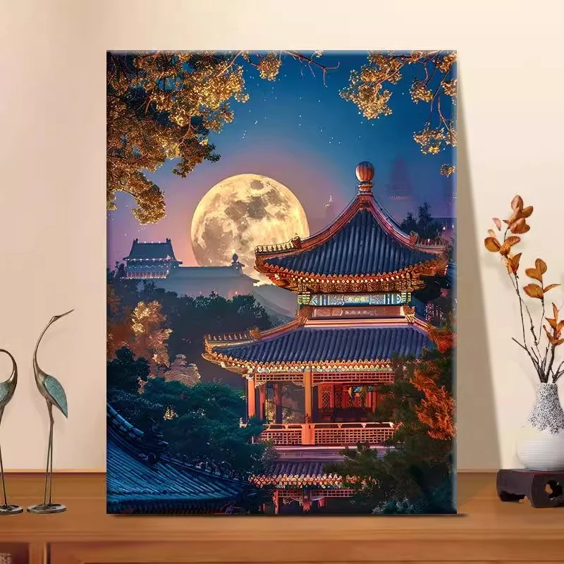 (古风月下庭院）diy数字油画红线条手工填涂色解压治愈丙烯装饰画