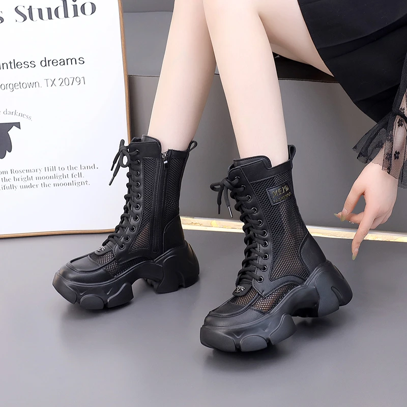 真皮厚底网面马丁靴女2025夏新款百搭透气网靴小个子中筒轻便凉靴