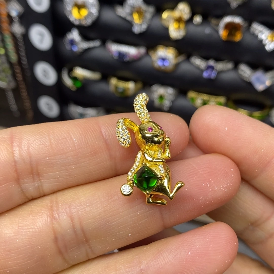 透辉石银S925镶嵌吊坠