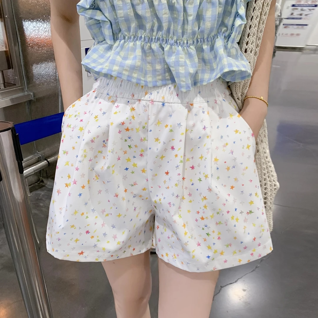 美式星星满印运动短裤女夏外穿高腰显瘦宽松阔腿chic休闲五分中裤