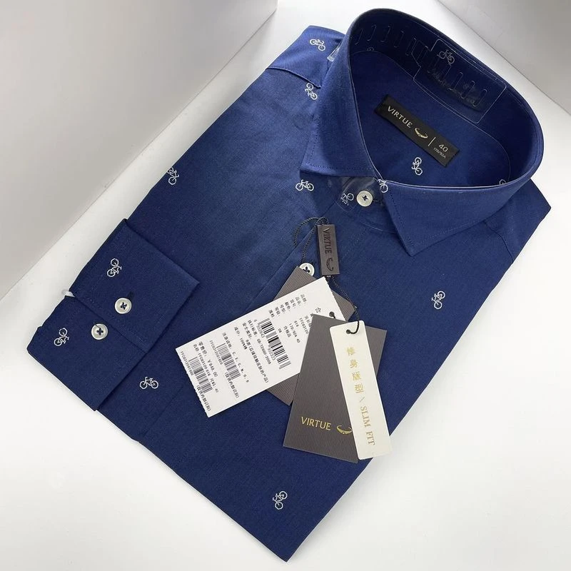FFC63120品牌撤柜100高支全棉衬衫深蓝色绣花高档商务长袖衬衣男