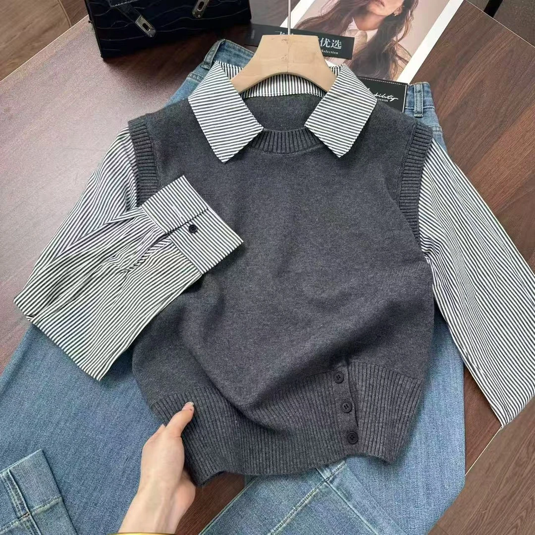 飞飞家 港风气质高级感！线下订单版！衬衫拼接针织衫Y7829灰