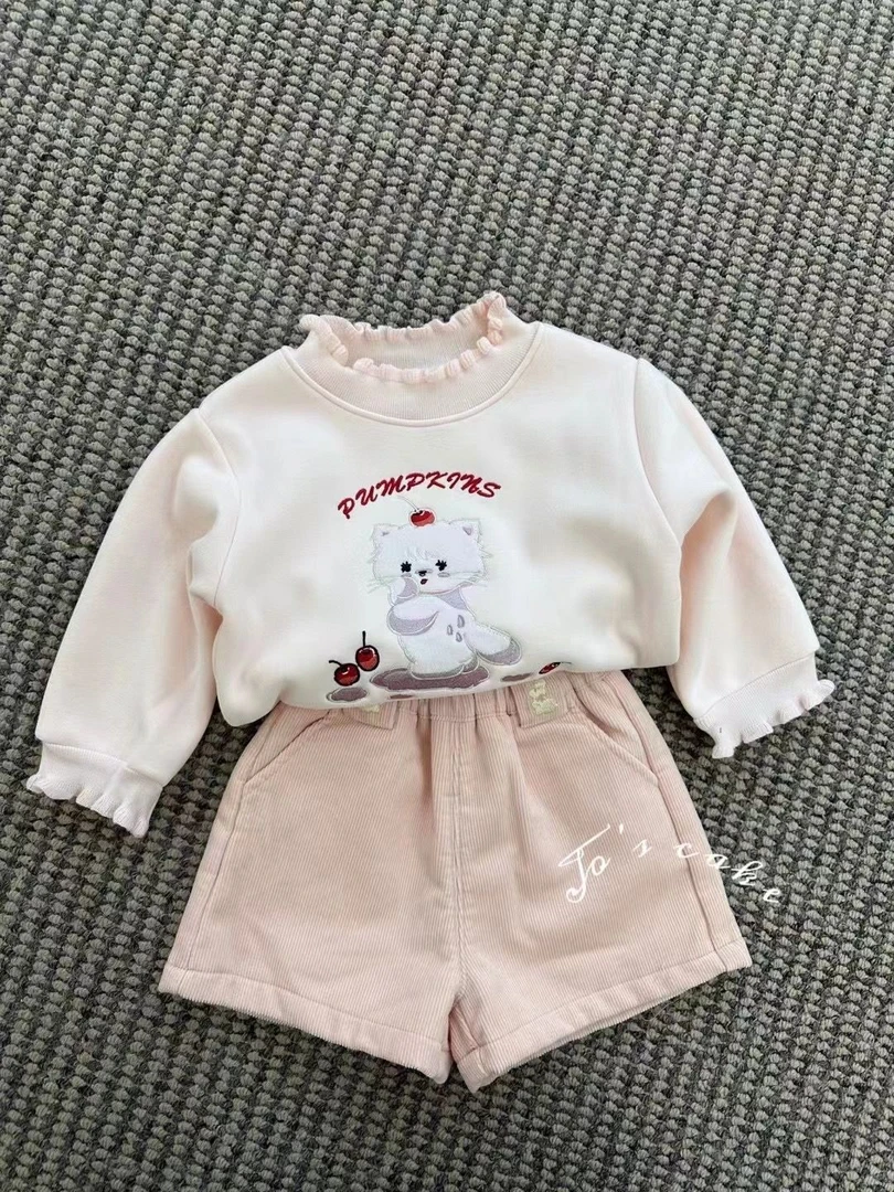 【PM】米白/粉色 木耳边猫咪加绒卫衣 7686