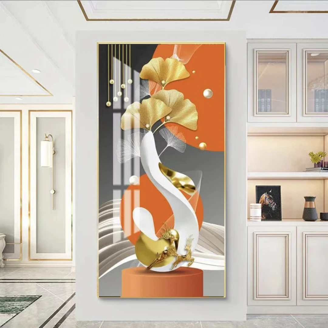 家大业大金杏进门玄关装饰画竖版过道走廊挂画晶瓷立体镶钻框画