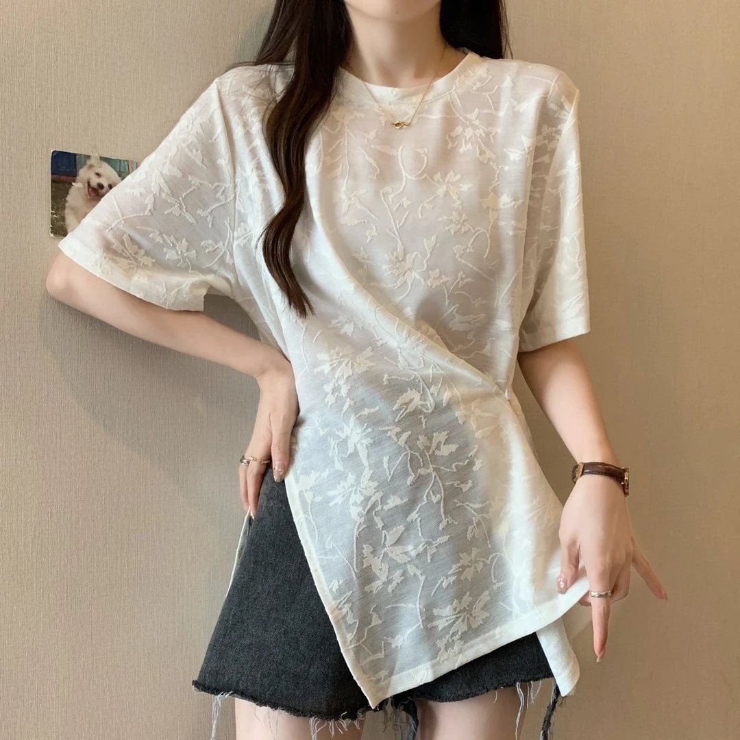 大码提花设计斜扣开叉短袖t恤女2025夏季新款宽松遮肉显瘦上衣女