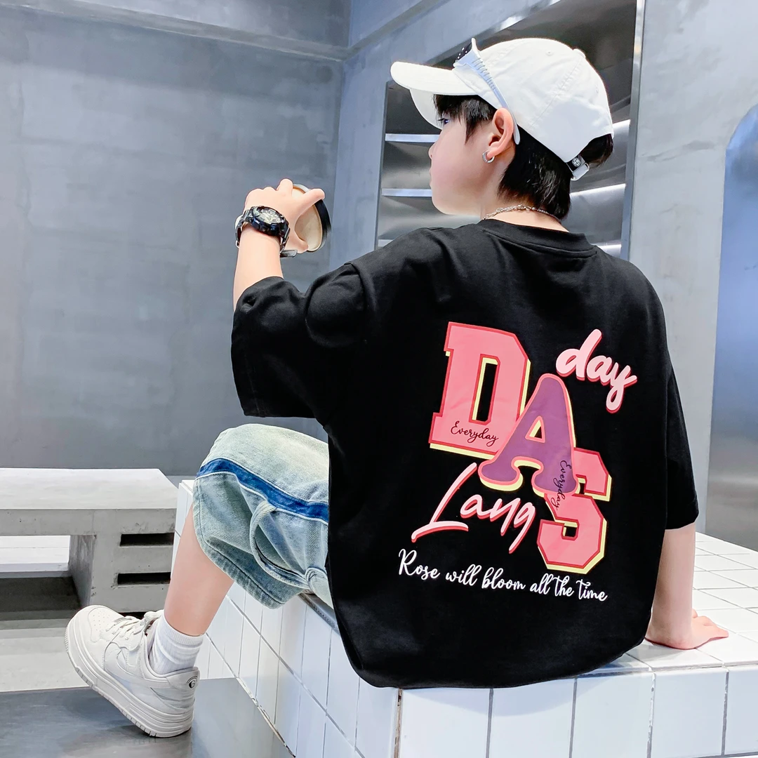 男童夏装潮牌酷帅短袖黑T恤2025新款青少年儿童夏季半袖冰感上衣