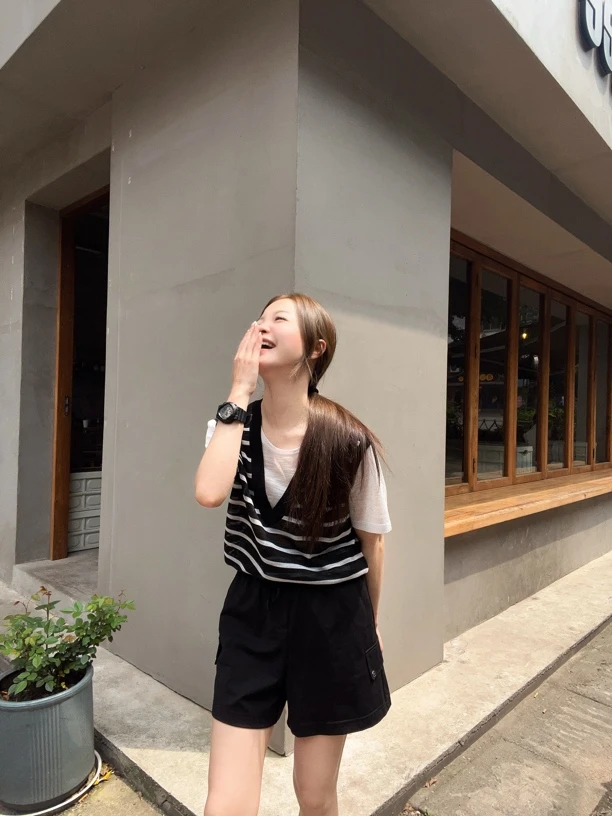 短袖正肩袖薄款春季夏季毛针织衫显瘦韩版牛仔拼接无袖条纹