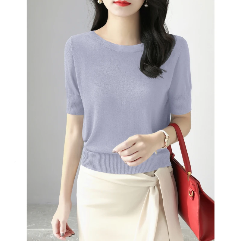 冰丝夏季新款一字肩领莱赛尔宽松天丝显瘦女装针织衫上衣t恤短袖