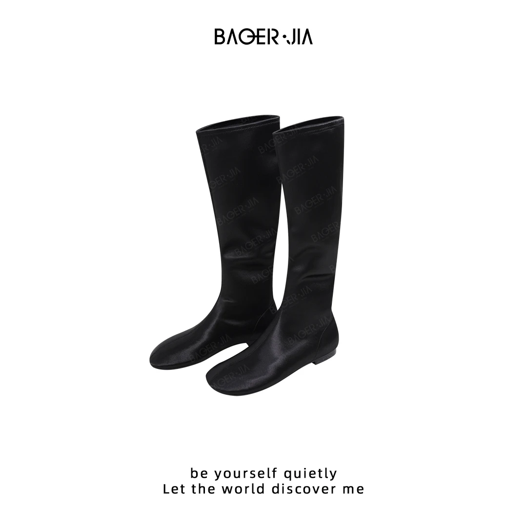 3-【必入缎面靴】宝儿家含幂BM19324308早秋款时尚鸭嘴圆头中筒靴子